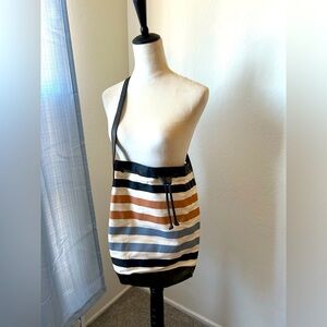 Canvas Striped Tote, Leather base, Zipper pocket interior